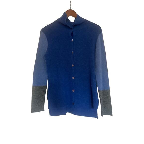 EILEEN FISHER Colorblock Cardigan BABY ALPACA Merino Wool Blue Gray Size Small S - Picture 1 of 6